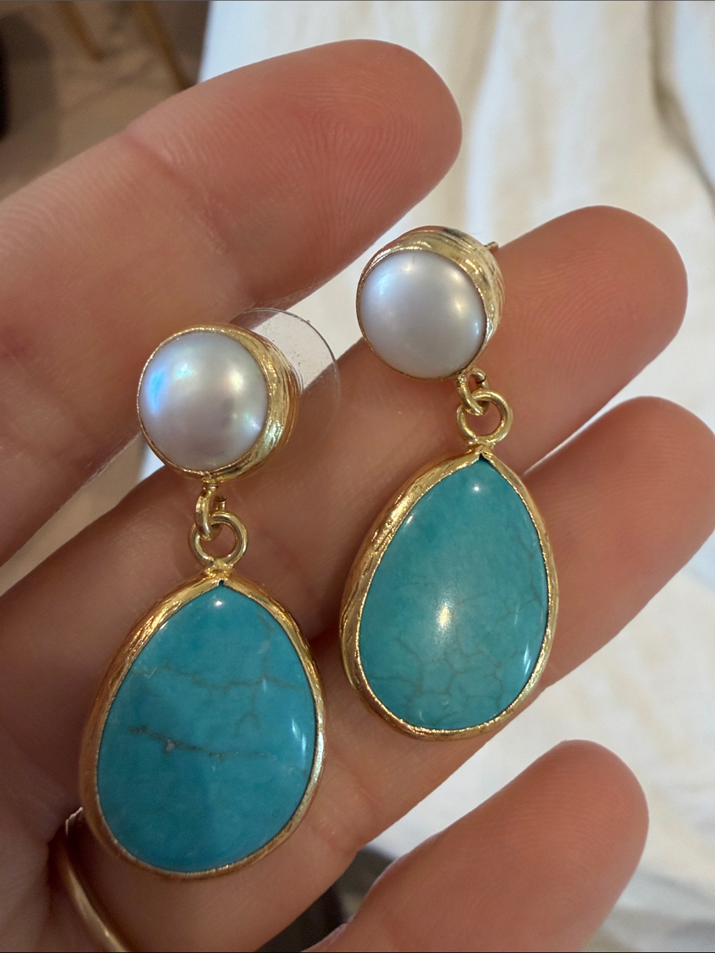 18k Gold Coated Sterling Silver Turquoise & Pearl Drop Earrings